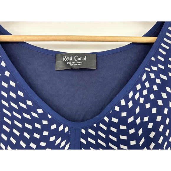 Red Coral Geometric Print Blue White Layered V-Neck Blouse - Picture 3 of 7